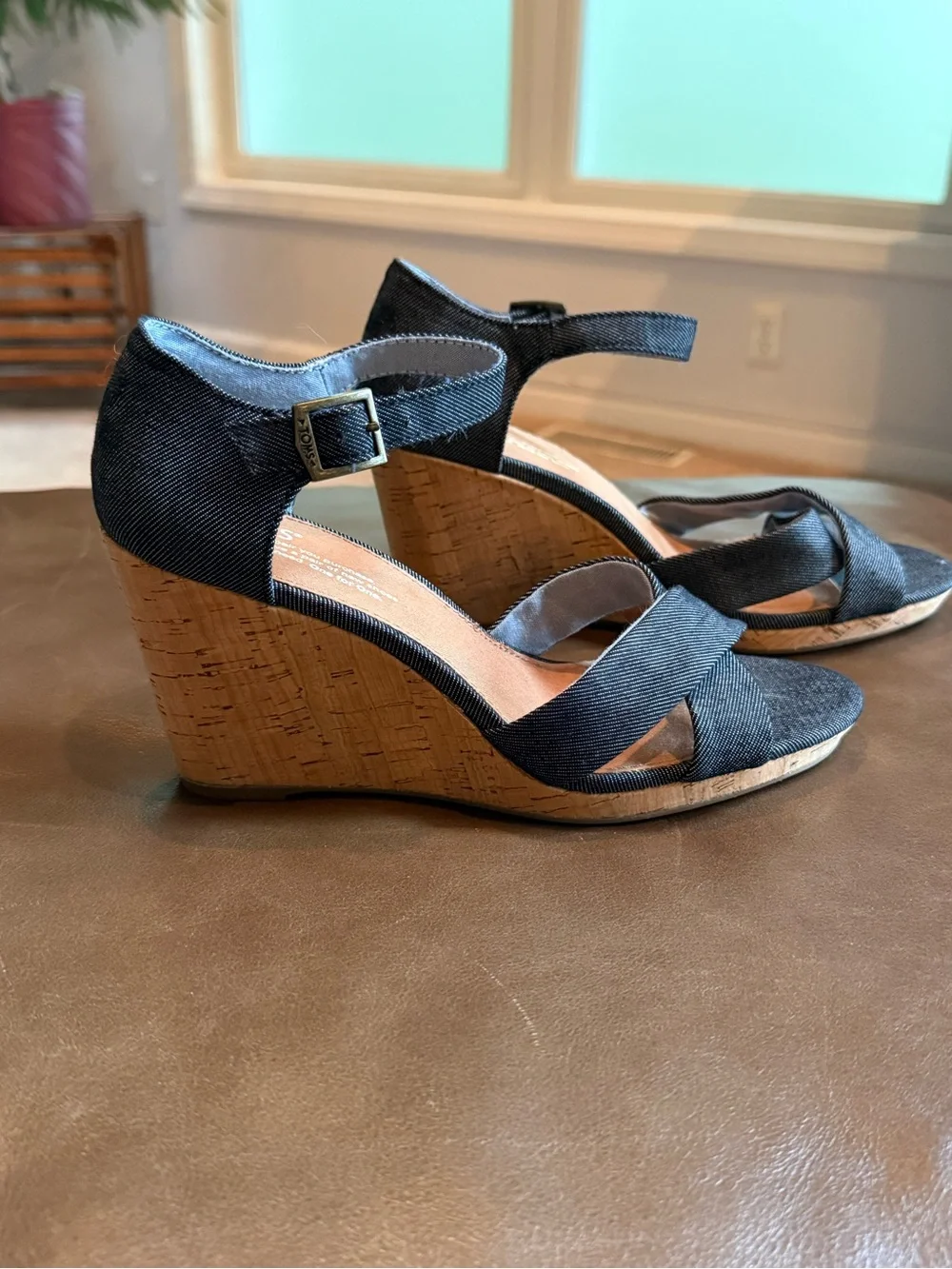Toms Black Cork Wedge Sandals with Ankle Strap